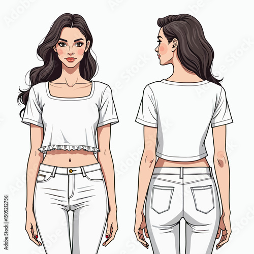Detailed illustration of a young woman in a white square-neck ruffled crop top and high-waisted white jeans, presented with front and back views as a fashion figure template for casual apparel design 