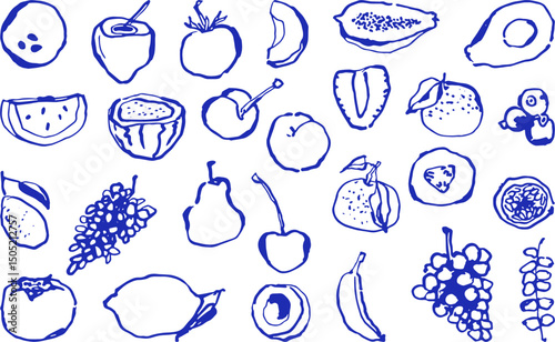 Hand-drawn collection of various fruits watermelon, coconut, tomato, papaya, avocado, lemon, grapes, pear, cherry, and more.