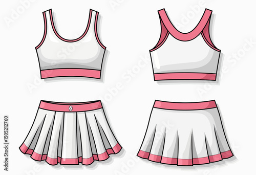 Stylish athletic outfit with white and pink details including sports bra and pleated skirt in vector format, showcasing front and back views for clothing design and activewear branding

