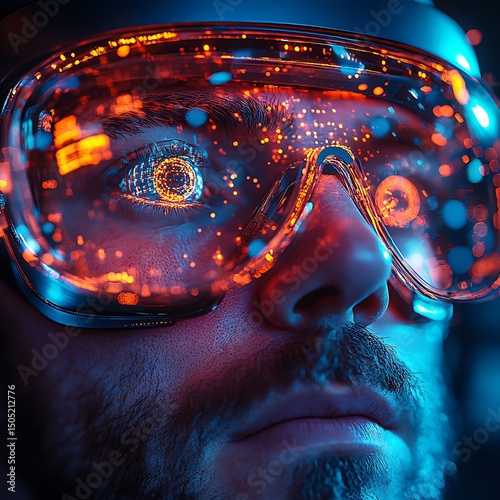 Man wearing futuristic augmented reality glasses displays digital data and high resolution image details