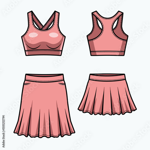 Pink sportswear outfit including crop top and tennis skirt shown in front and back views, colorful vector fashion design for athletic apparel mockups and fitness clothing visuals

