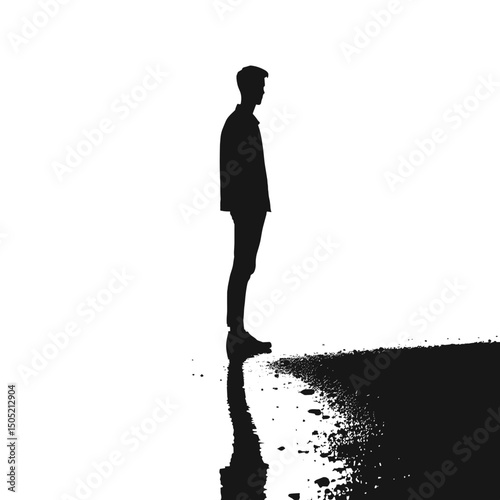 Silhouette of a Person Reflecting on a Shoreline in Black and White Minimalist Art