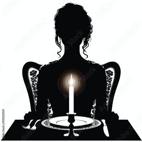 Elegant Silhouette Woman Dining by Candlelight – Detailed Black and White Art