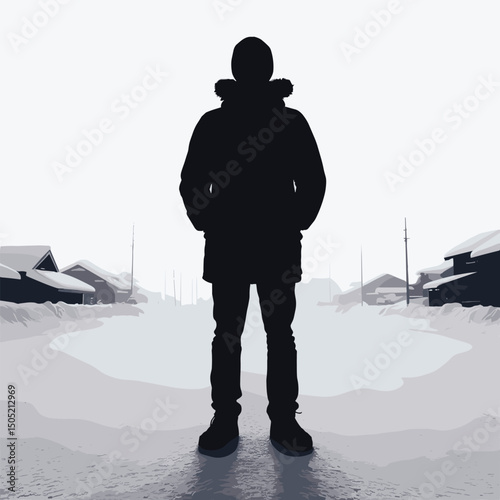 Silhouette in Winter Urban Snow Scene - Minimalist Illustration of Lone Figure on Snowy Street