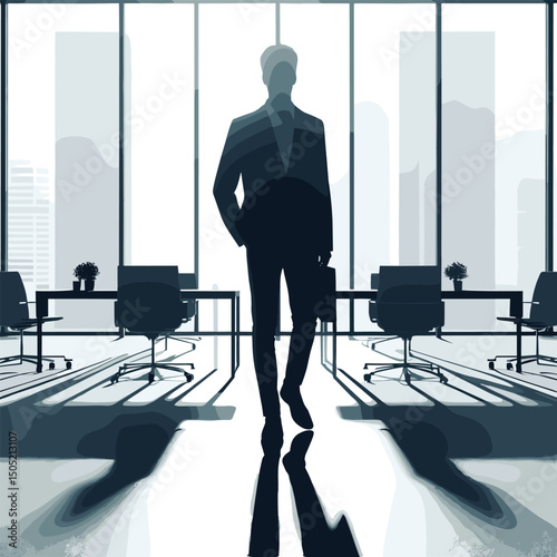 Professional Businessman Silhouette in Modern Office Setting - Flat Illustration