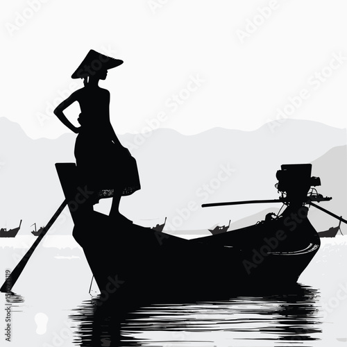 Silhouette of Fisher on Traditional Boat in Serene Lake - Black and White Illustration
