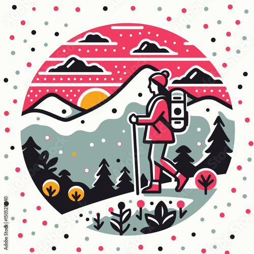 Hiking Adventure in Snowy Mountains - Trendy Modern Flat Illustration