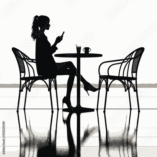 Silhouette of a Woman at a Café Table Using Smartphone - Minimalist Black and White Illustration