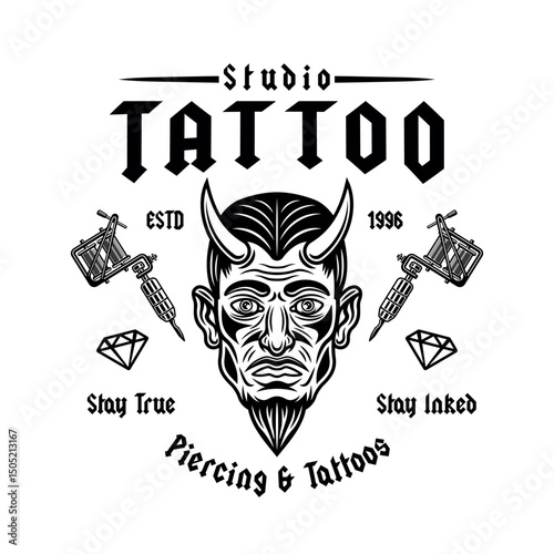 Vintage tattoo studio emblem with devil man head and tattoo machines. Classic vector illustration in retro style, perfect for tattoo designs, apparel prints, and branding