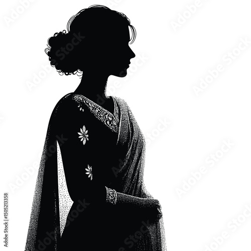 Elegant Silhouette of Woman in Traditional Outfit - Black and White Art