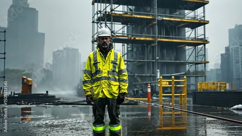 Construction Worker Standing at Urban Building Site on Rainy Day