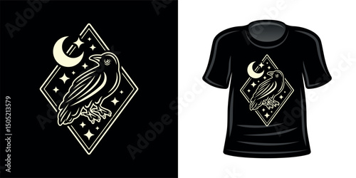 Crow tattoo vector dark illustration in light style t-shirt print design. Perfect for gothic, occult, and mystical designs