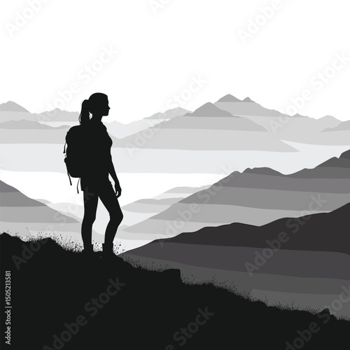 Silhouette of a Hiker Overlooking Mountain Ranges at Sunrise - Monochrome Illustration