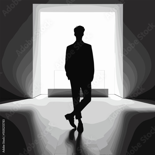 Silhouette of a Man in Modern Minimalist Interior - Monochrome Flat Illustration
