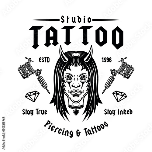 Vintage tattoo studio emblem with devil girl head and tattoo machines. Gothic, old school vector design for tattoo artists, studios, and apparel. Dark, edgy, and artistic illustration in retro style