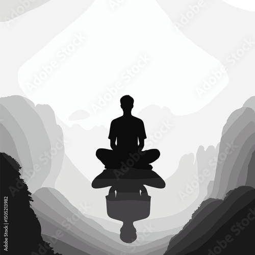 Meditation in Nature Silhouette of Person Practicing Yoga Amidst Mountains in Flat Illustration