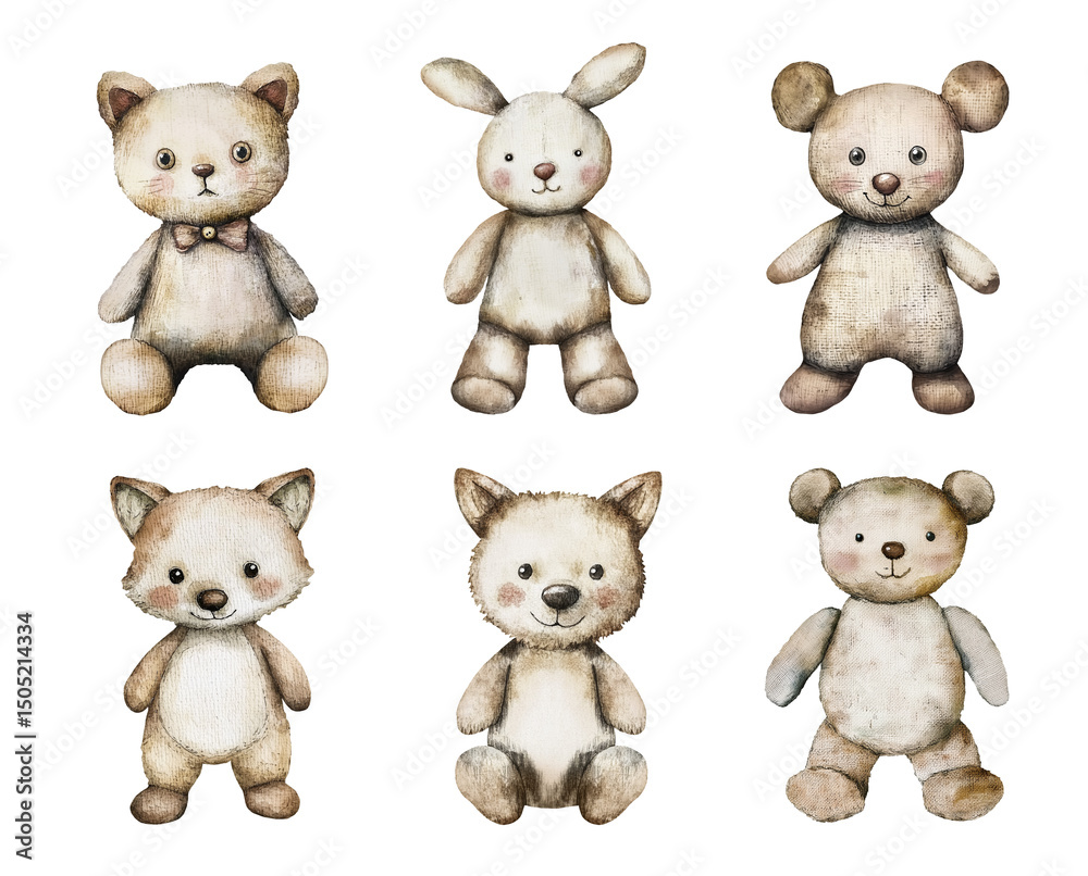 custom made wallpaper toronto digitalOld textile toys animals. Cute watercolor illustration set of vintage cat, hare, mouse, fox, wolf, bear. Isolated clipart with clear even edge on transparent background