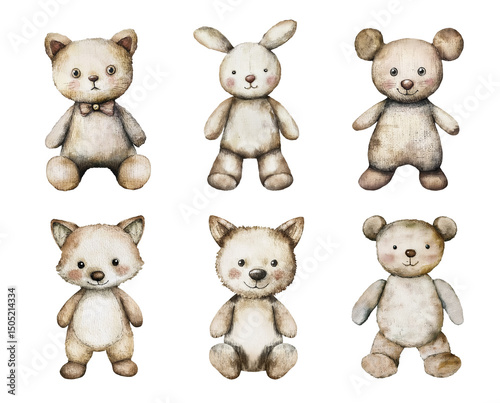 Wallpaper Mural Old textile toys animals. Cute watercolor illustration set of vintage cat, hare, mouse, fox, wolf, bear. Isolated clipart with clear even edge on transparent background Torontodigital.ca