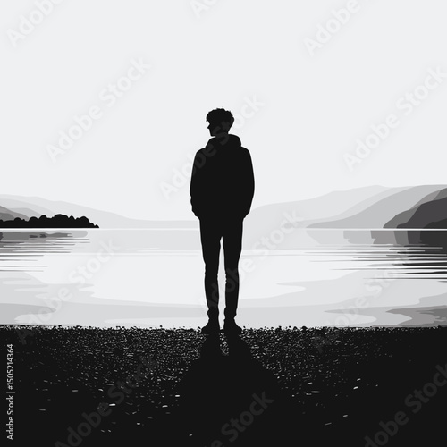 Silhouette of Person by Tranquil Lakeside in Black and White Landscape