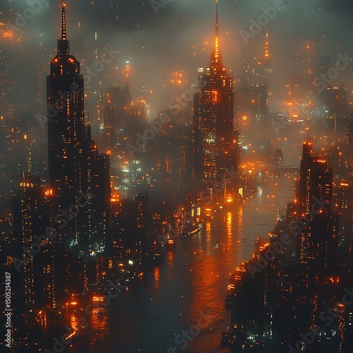 Mystical cityscape view with skyscrapers glowing with orange lights during the night high resolution image