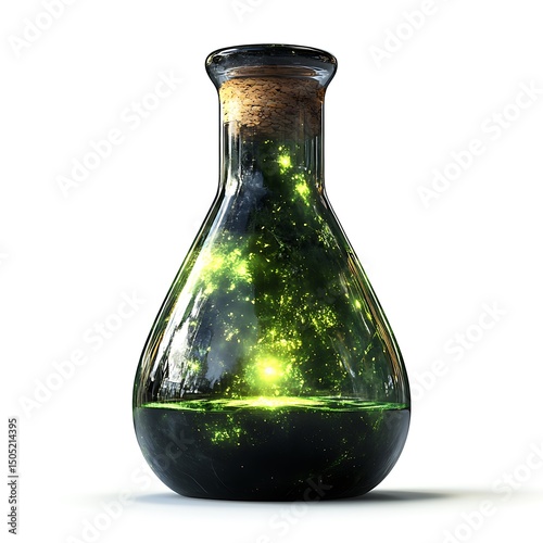 Mystical glass flask containing glowing green liquid and illuminated particles captured as high resolution image