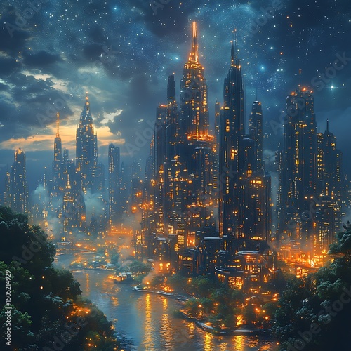Nighttime cityscape of a futuristic metropolis with glowing buildings reflecting in the water high resolution image