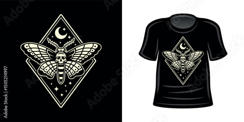 Moth tattoo style vector light illustration t-shirt print design, gothic and mystical elements. Perfect for vintage, boho, occult, and esoteric designs