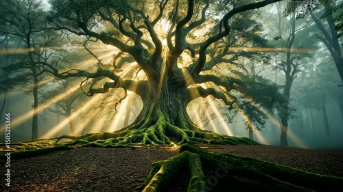 Enchanted Tree with Sun Rays in Foggy Forest Fantasy Atmosphere