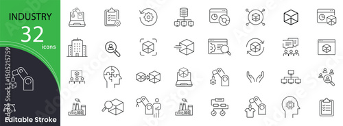 Industry related icons set. Including factory, production, gear, engineering, manufacturing, machinery, tools, and process. Editable stroke. outline icons.