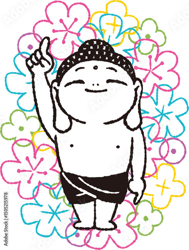 ブッダ　笑顔　花まつり　線画