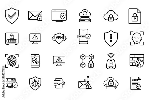Cybersecurity data privacy collection icon set includes shield lock fingerprint and cloud symbols