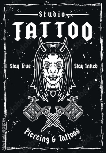 Vintage tattoo studio poster with horned devil girl head and tattoo machines. Bold vector illustration perfect for dark, gothic, or retro tattoo-inspired designs and emblem artwork