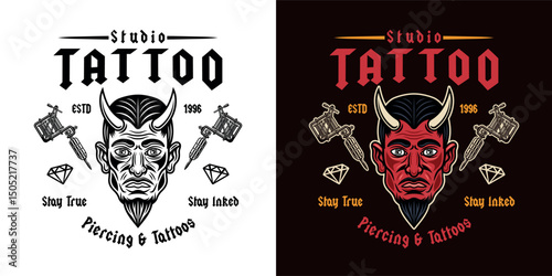 Vintage tattoo studio emblem with devil man head and tattoo machines. Classic vector illustration in retro style, perfect for tattoo designs, apparel prints, and branding