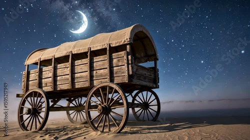 Covered Wagon Under Moonlit Sky in Desert Night Scene