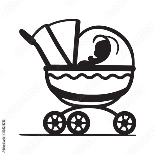 Baby carriage black silhouette vector art and illustration Silhouette White background.