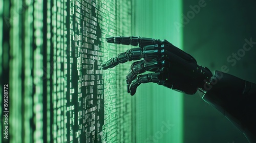 Mechanical Hand Touching Interactive Digital Panel in a Futuristic Innovation Setting