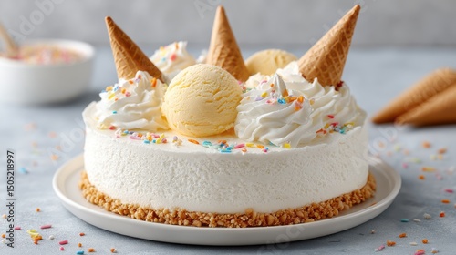 Delicious dessert cake topped with ice cream and cones, decorated with sprinkles.
