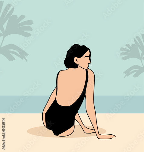 Minimalist vector of woman in black swimsuit sitting on sandy beach, rear view. Calm summer scene with sea background. Perfect for travel, lifestyle, or beach-themed designs.
