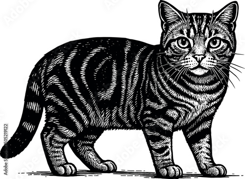 American Shorthair full body side view and facing towards the front vector black silhouette cricut print design isolated on a plain white background