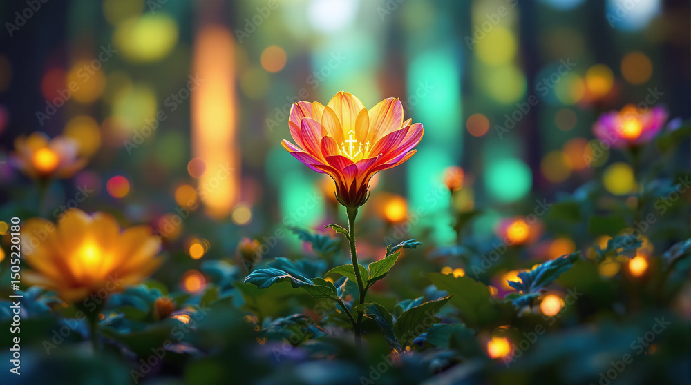 A magical glowing flower blooms in a mysterious forest. A fabulous scene for fantasy stories, fantasy illustrations and decor A magical glowing flower blooms in a mysterious forest. A fabulous scene for fantasy stories, fantasy illustrations and decor