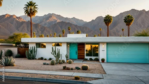 Midcentury Modern House in Desert with Palm Trees at Sunset