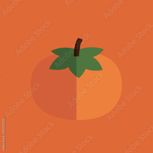 A simple vector persimmon graphic with green leaves, set on an orange background, ideal for food designs.