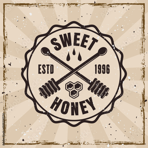 Honey bee and beekeeping vector vintage style emblem on background with grunge textures on separate layers