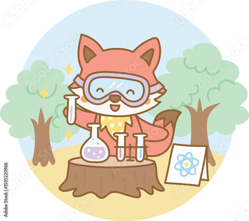 Curious fox experimenting with colorful test tubes in a whimsical forest science lab
