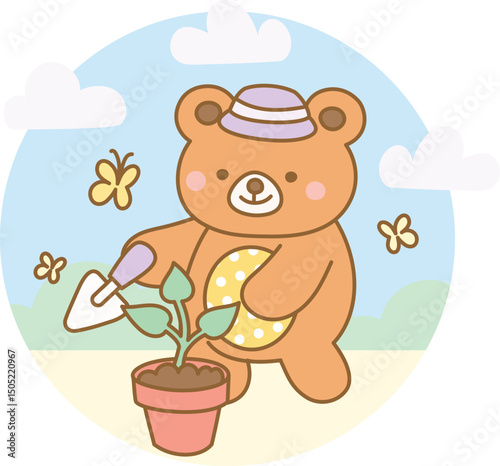 Bear planting a sprout in a pot surrounded by butterflies in a cheerful garden scene