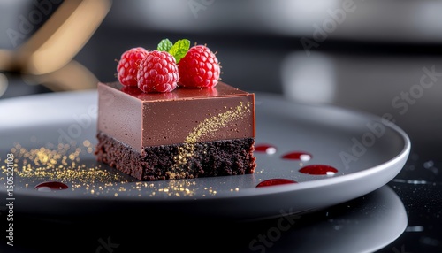 Dark chocolate ganache cube with raspberry coulis dots and edible gold dust, on a minimalist reflective plate, haute patisserie style, close-up. Restaurant, cafe
