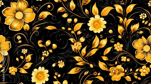 Stylized Khokhloma ornament with heritage flower shapes and golden foliage, ideal for traditional printmaking and surface design.