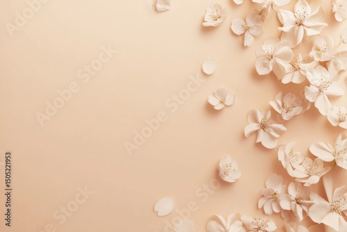 Fruit three flowers and petals on beige background. Pastel colors. Flat lay, top view. Spring bloom banner. Floral pattern. Creative trend composition. Layout with blooming fruit tree. Greeting Card.