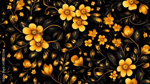 Stylized Khokhloma ornament with heritage flower shapes and golden foliage, ideal for traditional printmaking and surface design.