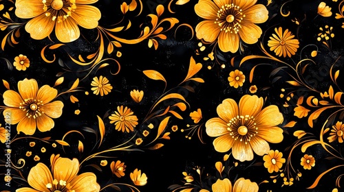 Stylized Khokhloma ornament with heritage flower shapes and golden foliage, ideal for traditional printmaking and surface design.